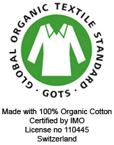 GOTS-logo med info om hvor mye av fiberet som er økologisk, hvem som har sertifisert og lisensnummer. Foto GOTS