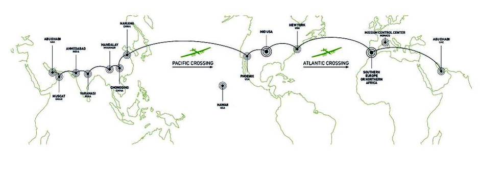 Slik er den planlagte 35 000 kilometer lange ruten. Foto: Solar Impulse